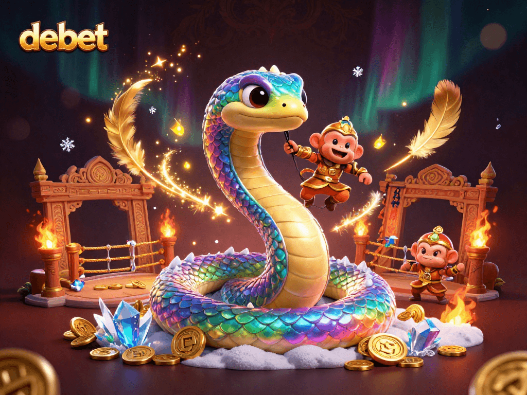 Experience the vibrant debet universe with a rainbow serpent and monkey king in a dynamic online casino setting.
