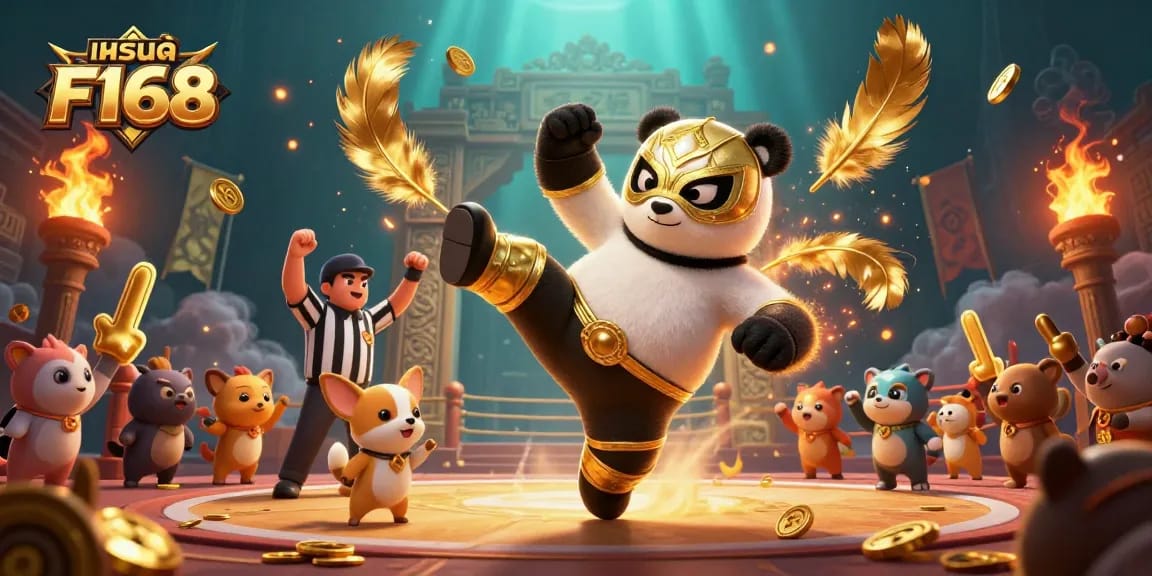 Experience thrilling action with แบรนด์ F168 as a panda wrestler performs a flying kick in a vibrant casino atmosphere.