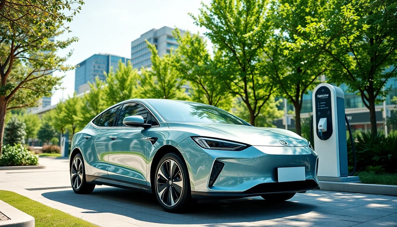Elegant Elektroautos parked in a green urban environment with sustainable buildings.