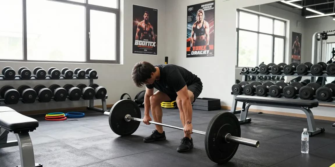 Steroidshop-Nutzer, der im Fitnessstudio Muskeln aufbaut, fokussiert auf Kreuzheben mit inspirierendem Licht und motivierenden Postern.