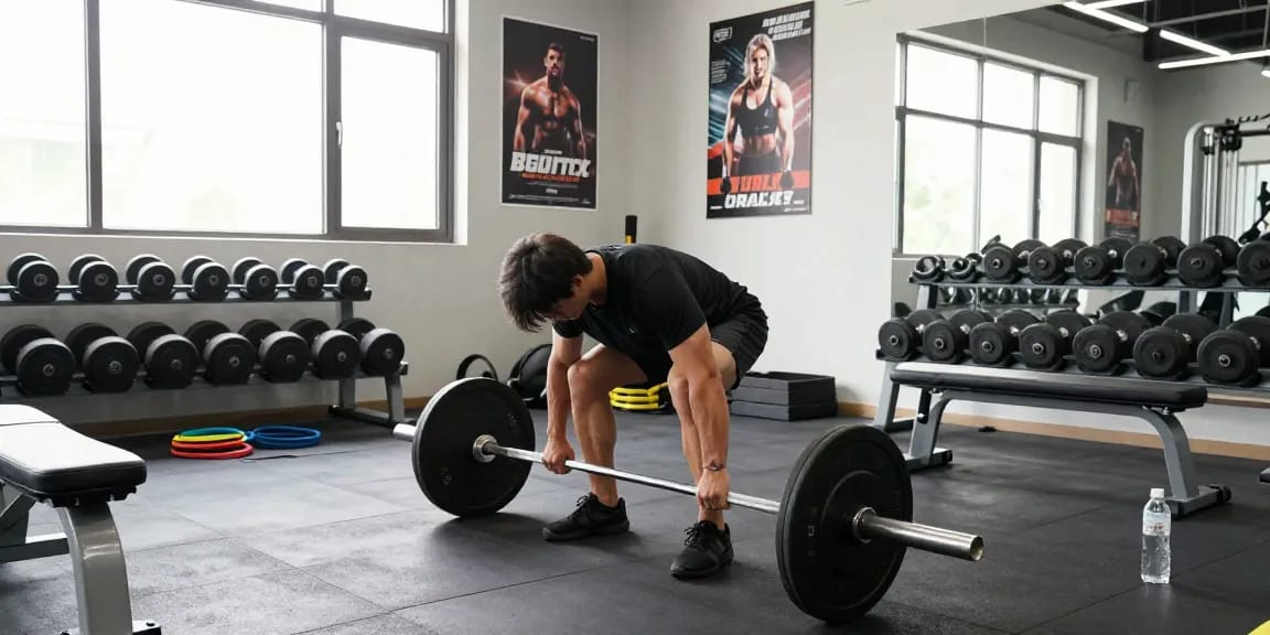 Steroidshop-Nutzer, der im Fitnessstudio Muskeln aufbaut, fokussiert auf Kreuzheben mit inspirierendem Licht und motivierenden Postern.