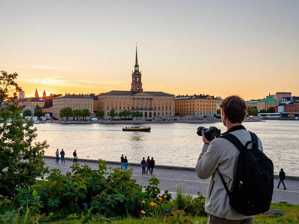 Reisetipps Stockholm: Tourist, der den Sonnenuntergang über dem Königlichen Schloss und der Uferpromenade von Gamla Stan festhält