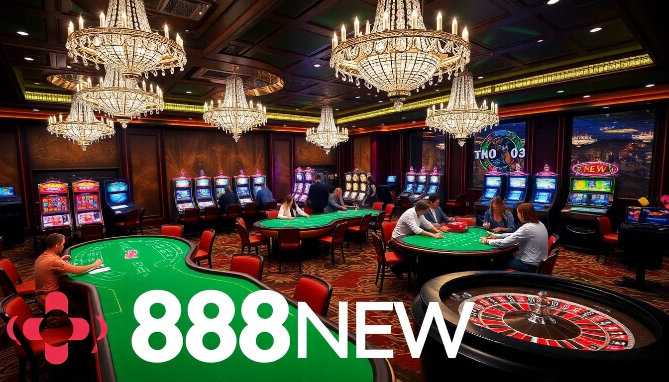 Experience the excitement of 888NEW with players engaging at luxurious casino tables.