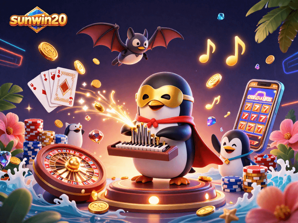 Engage with sunwin20's fun, featuring a vibrant 3D scene of a penguin playing for exciting jackpot wins.
