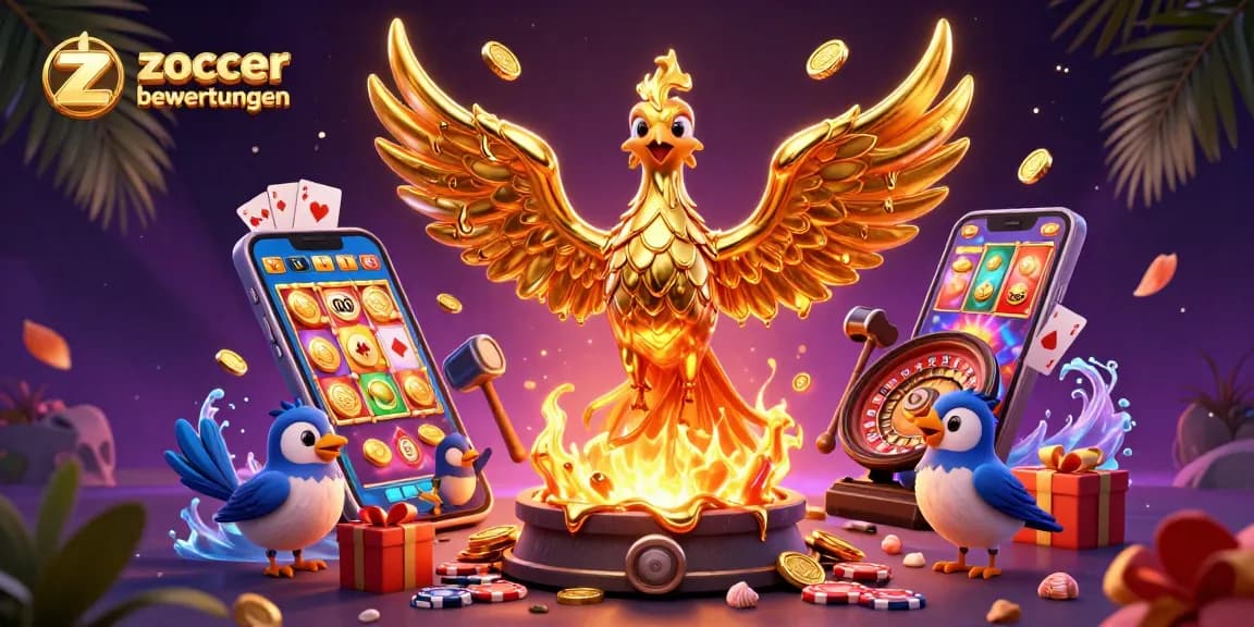 Zoccer casino bewertungen showcases a molten phoenix and dynamic gaming elements celebrating gaming excitement.