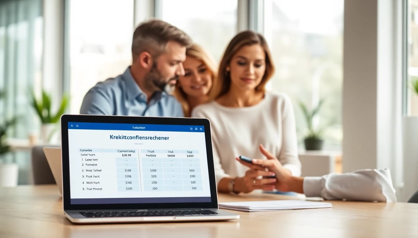 Kreditvergleichsrechner in use by a couple with a financial consultant in a modern office.