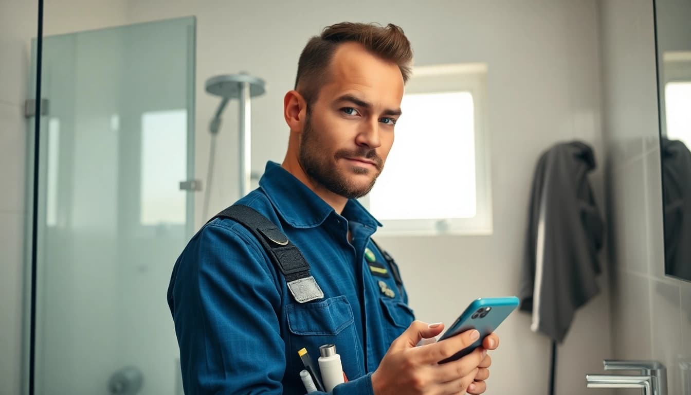 Professioneller Klempner bei der Arbeit für Sanitär Notdienst im modernen Badezimmer.
