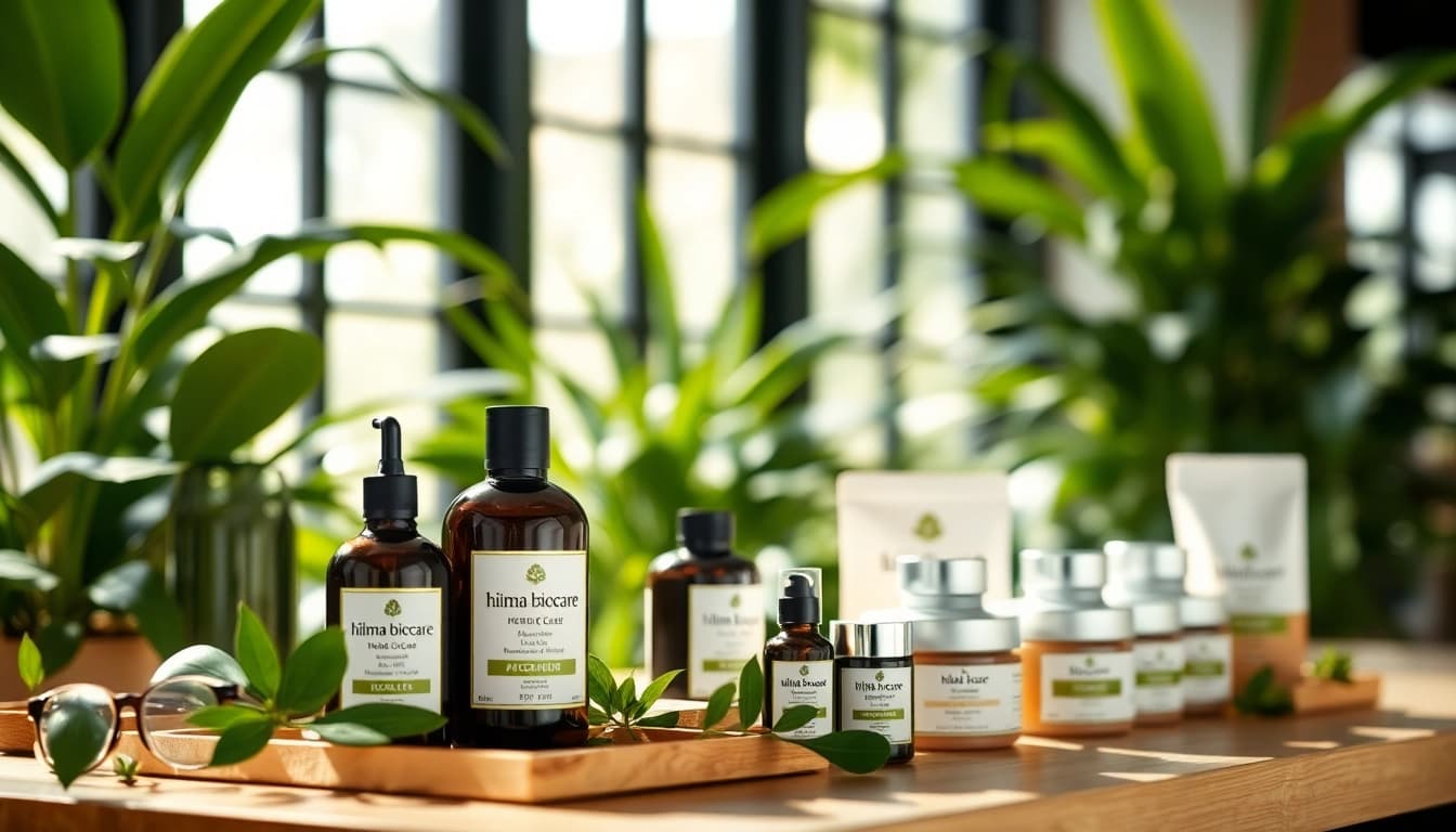 Hilma biocare Produkte in einem eleganten Wellness-Bereich mit reichlich Grün und natürlichem Licht.