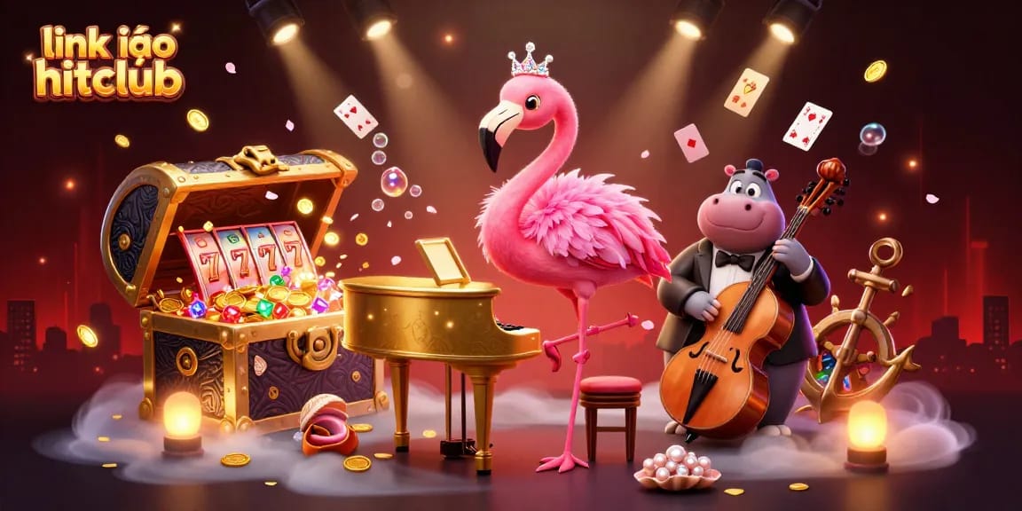 Experience exciting gameplay with "link vào hitclub" at this vibrant digital casino scene featuring lively characters and slot elements.