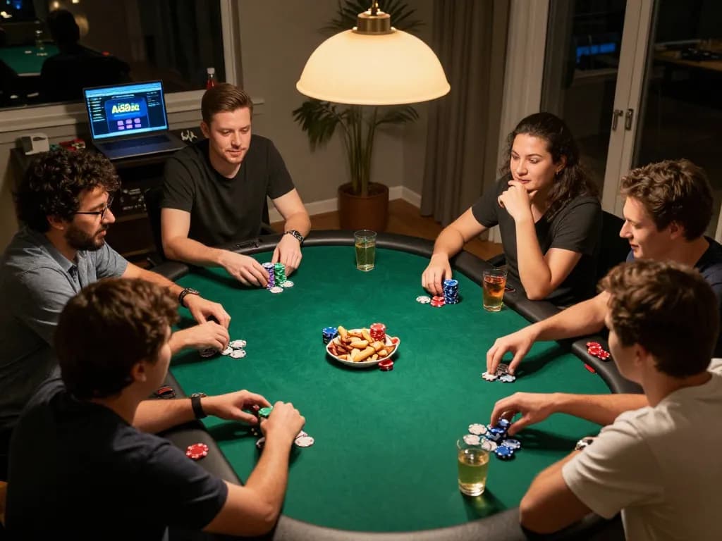 Players engage in an exciting poker game at home, showcasing strategic moves with Ai88bet online platform in view.