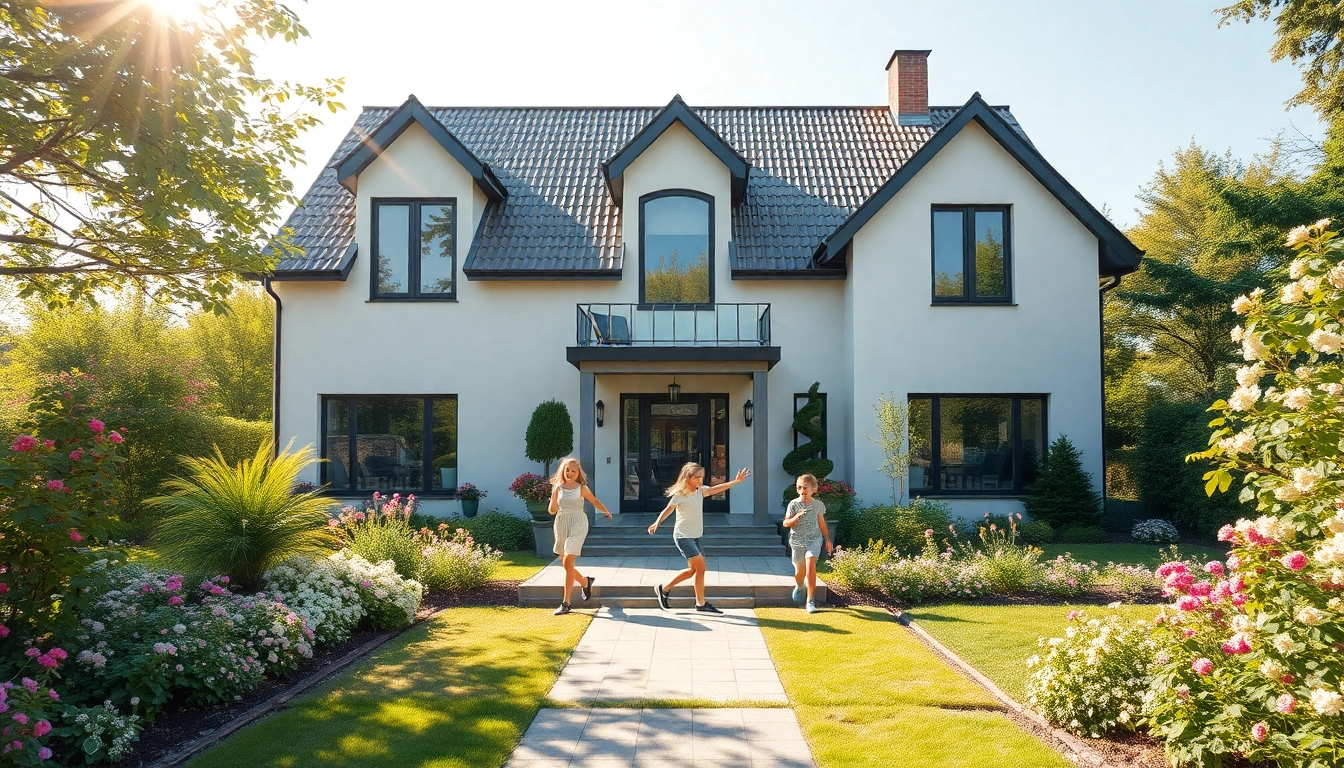 Erleben Sie den Traum vom Hauskauf in einem einladenden modernen Haus mit einem blühenden Garten und fröhlichen Familien.