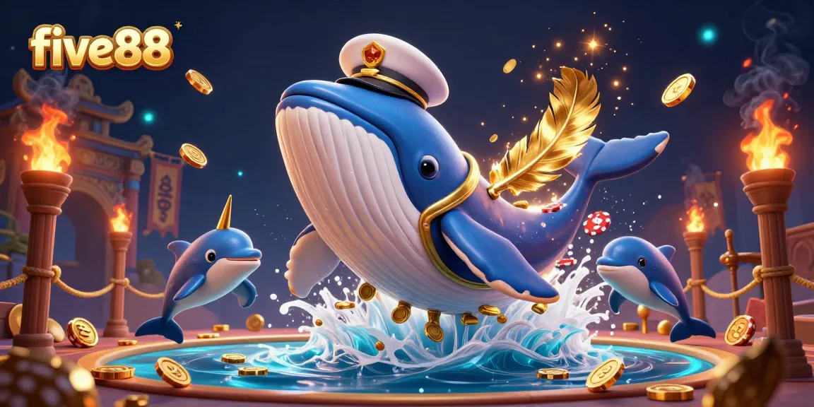 Experience the five88 excitement with playful dolphins and a majestic whale amidst vibrant casino elements.