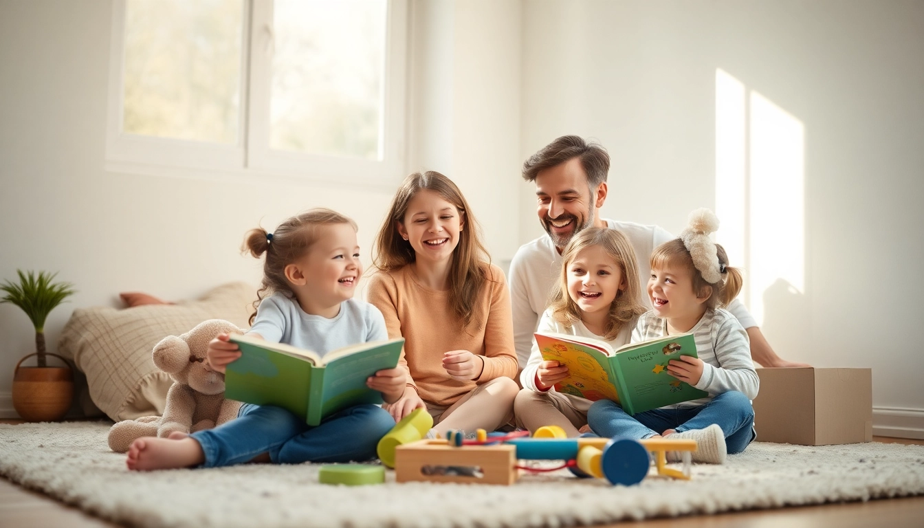 Kindererziehung in einer liebevollen Familienumgebung mit lachenden Kindern und aufmerksamen Eltern.