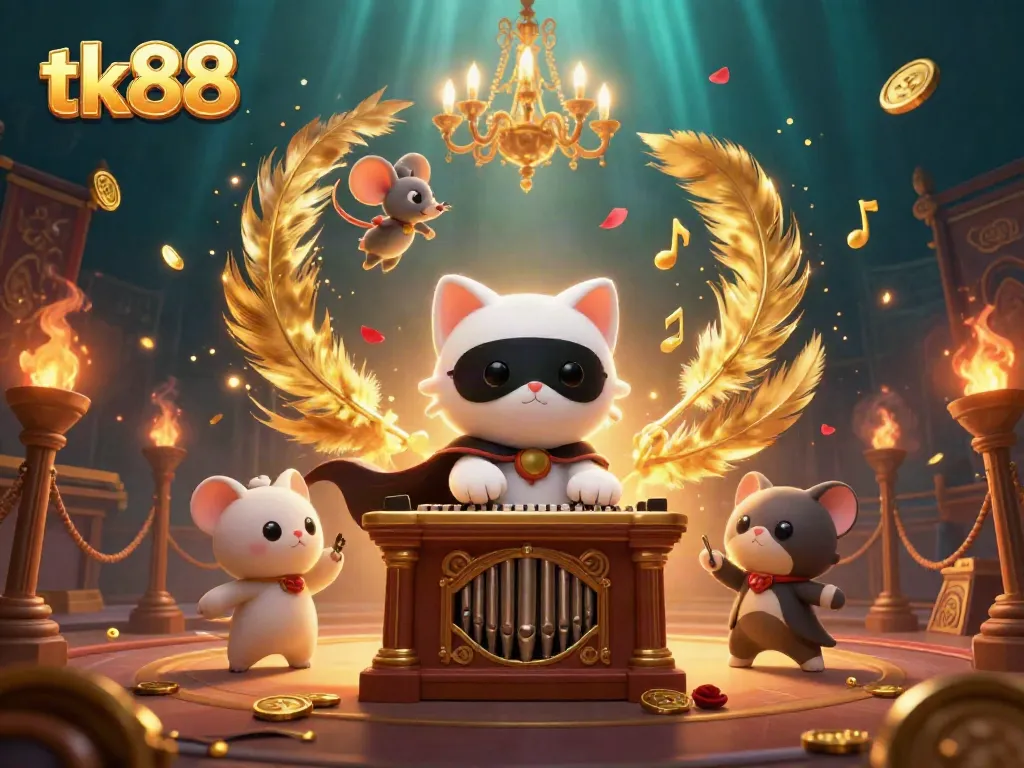 Immerse in the thrilling tk88 casino scene featuring a phantom cat and acrobat with vibrant elements.