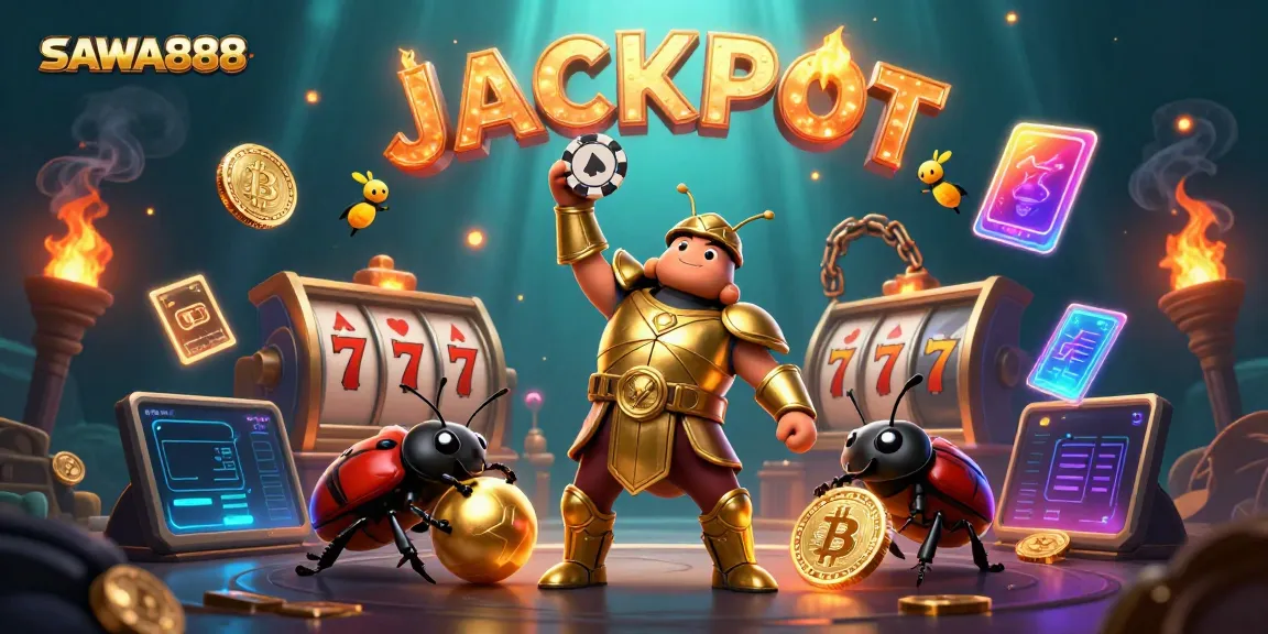 SAWA888 campaign featuring a victorious beetle and jackpot elements celebrating big win in slots.