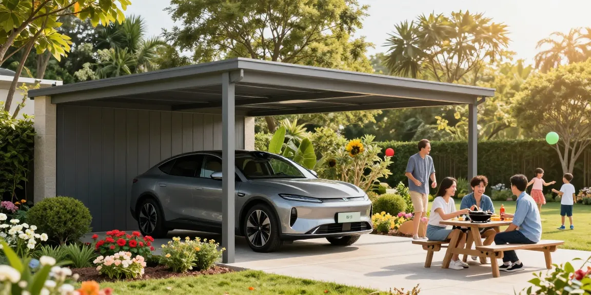 Moderne Carport-Konstruktion mit Auto in einem einladenden Gartenumfeld