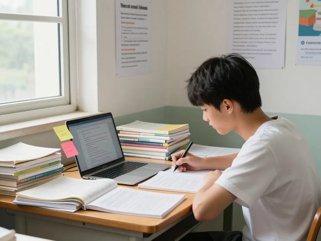 Student, der sich auf das Hausaufgaben Lösen an einem hellen Arbeitsplatz mit motivierenden Zitaten und Lernmaterialien konzentriert.