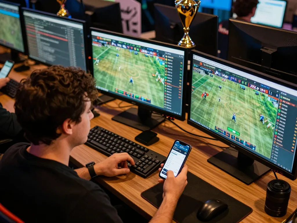 Engaged bettor analyzing mk 8 sports odds on multiple screens during live events.