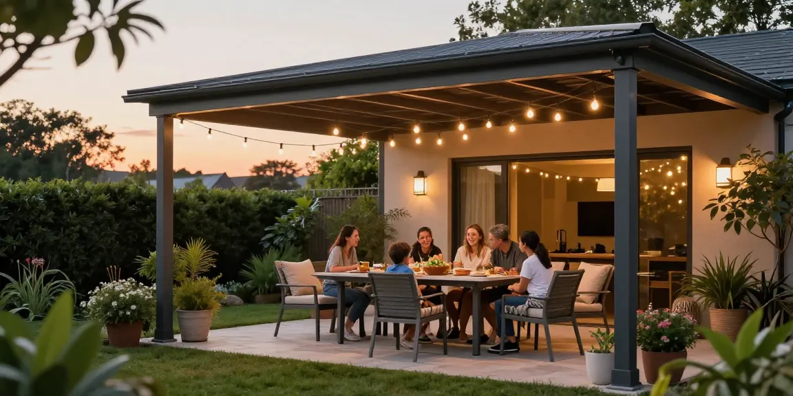 Terrassenüberdachung aus Aluminium schützt den Essbereich im Garten und schafft eine einladende Atmosphäre für Familientreffen.