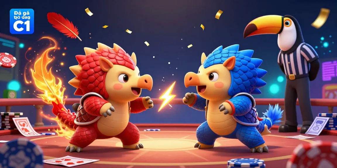 Experience thrilling Đá gà trực tiếp C1 with rival pangolins battling in a vibrant arena filled with vibrant gambling elements.