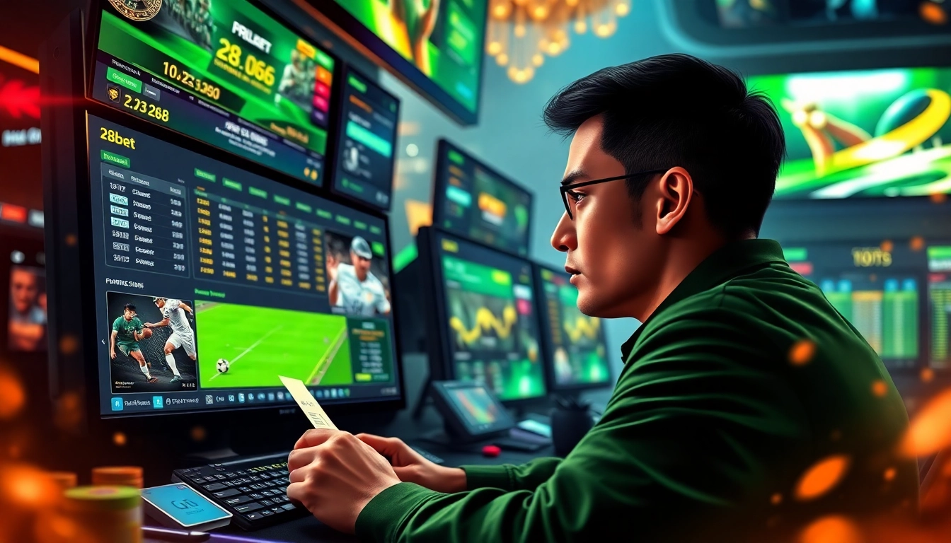 Intense gambler placing bets on 28bet thể thao, showcasing vibrant sportsbook interface and dynamic sports elements.