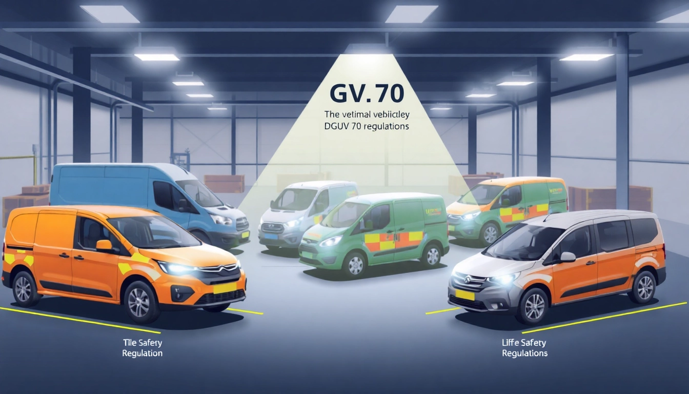 Showcase vehicles adhering to DGUV 70 safety standards in a professional environment.