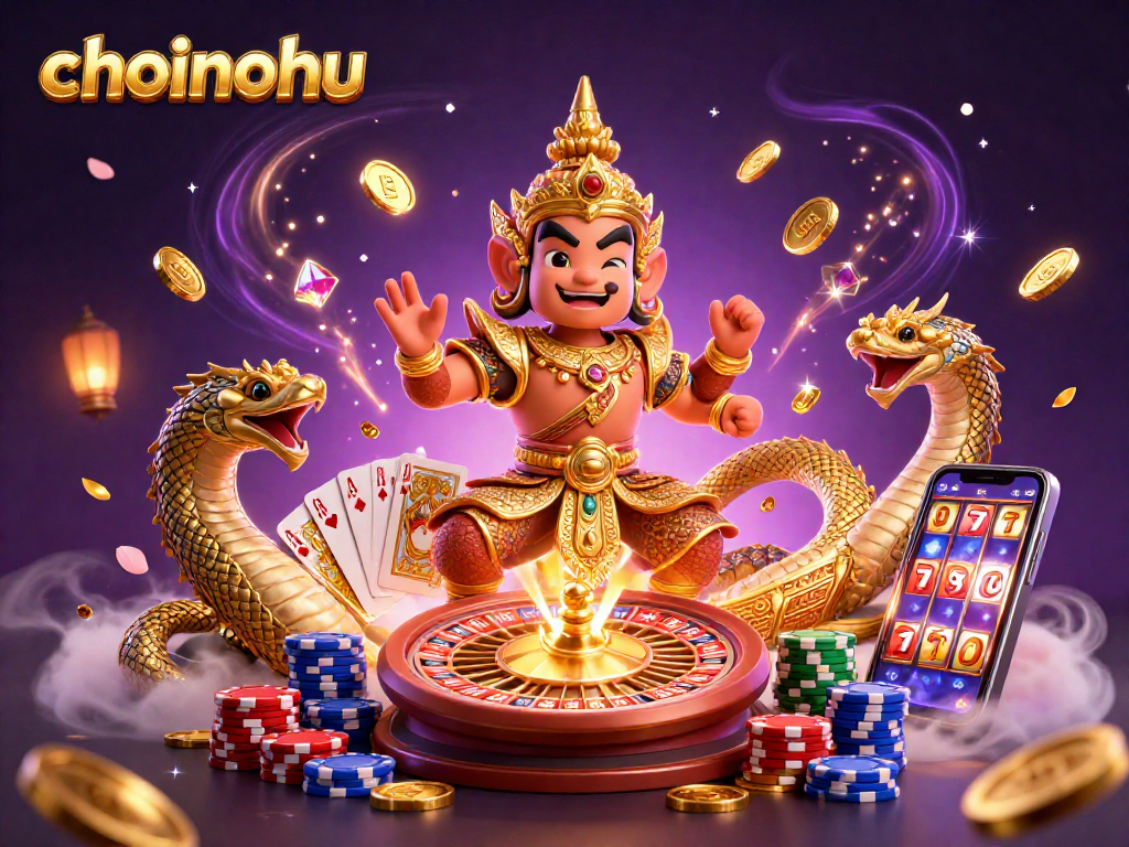 Choinohu showcases a vibrant 3D scene with a yaksha guardian, golden coins, and poker chips.