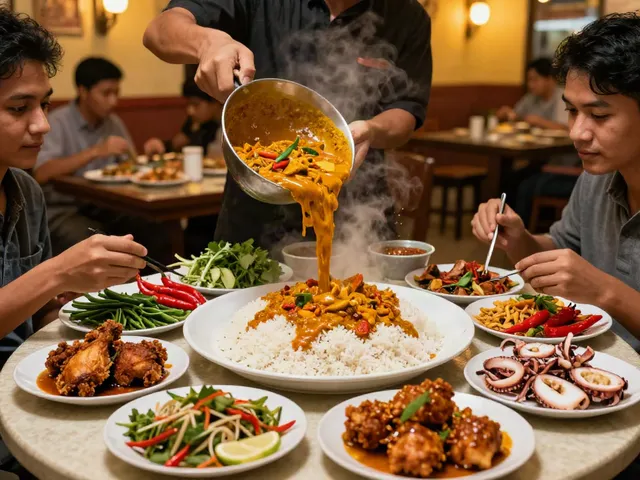 Experience the authentic rokok88 daftar Nasi Kandar with vibrant curry pouring over rice at a bustling restaurant table.