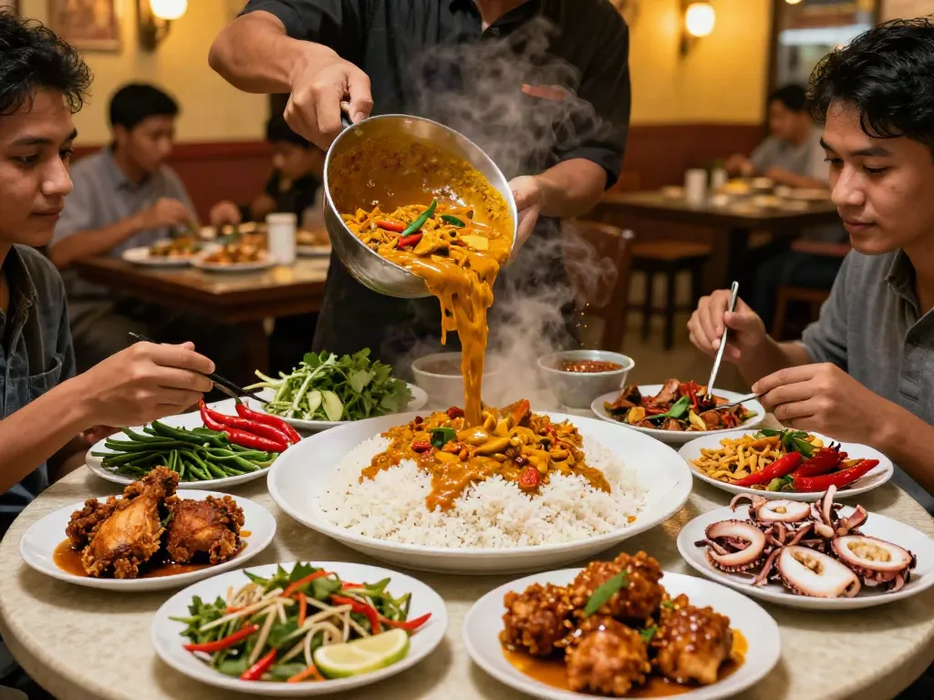Experience the authentic rokok88 daftar Nasi Kandar with vibrant curry pouring over rice at a bustling restaurant table.