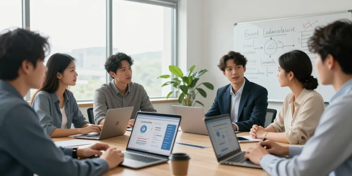 Team in modern Büro bespricht, wie man Führungsverhalten bewerten kann, mit klaren Feedback-Kriterien.