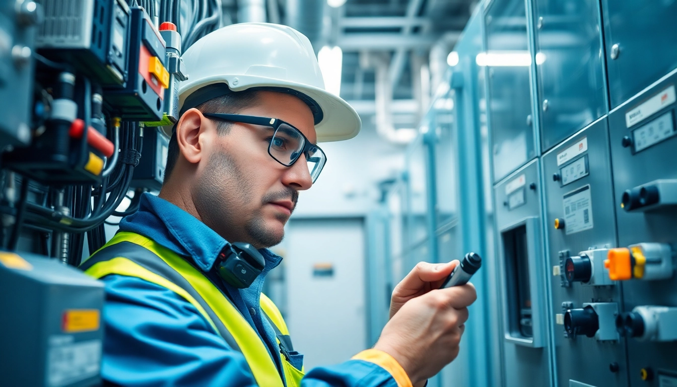 Engineer performing a safety check on electrical equipment in a bright, modern workplace.