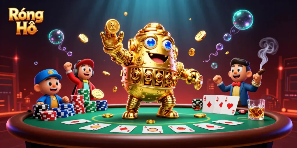 Experience Rồng Hổ with a golden golem surrounded by gambling elements in a vibrant casino scene.