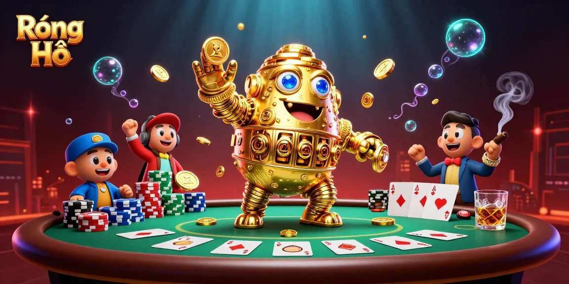 Experience Rồng Hổ with a golden golem surrounded by gambling elements in a vibrant casino scene.
