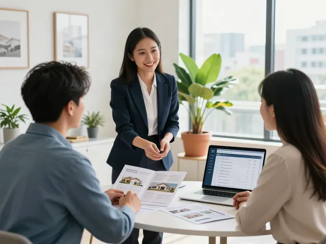 Bester Immobilienmakler Frankfurt hilft Paar bei der Immobiliensuche in modernem Büro.