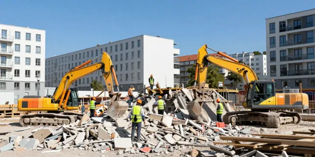 Professionelle Abbrucharbeiten in Wien, schwere Maschinen und Baustellenumgebung.