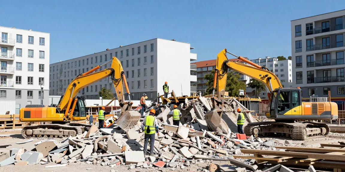 Professionelle Abbrucharbeiten in Wien, schwere Maschinen und Baustellenumgebung.