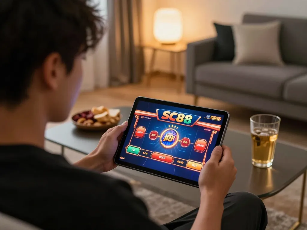 Player engaged in an exciting SC88 Game on their tablet in a cozy ambiance