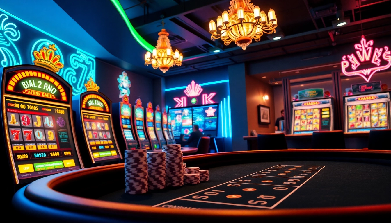 Spielen Sie casino online mit aufregenden Spielautomaten und eleganten Pokerchips in einem lebhaften Ambiente.