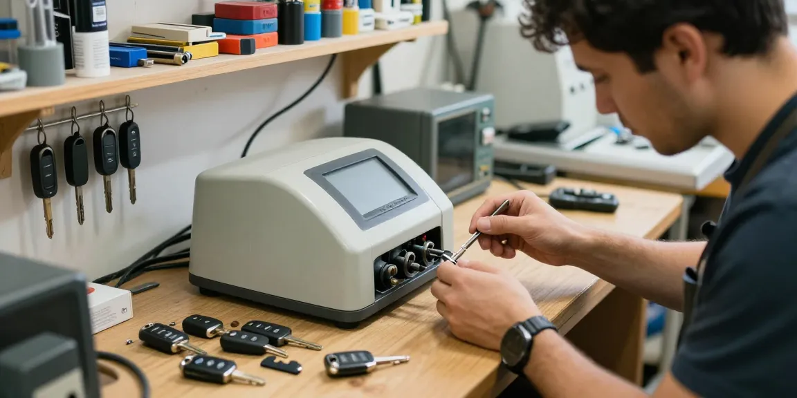 Schau es dir an, wie der Techniker Autoschlüssel anfertigt und verschiedene Teile in der Werkstatt organisiert.