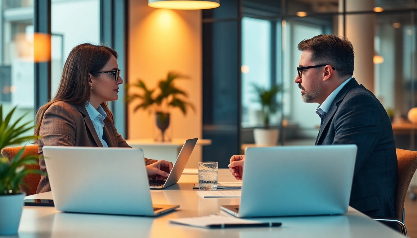 Unternehmensberatung: Berater führen ein produktives Gespräch in einem modernen Büro mit Laptops und Notizen.