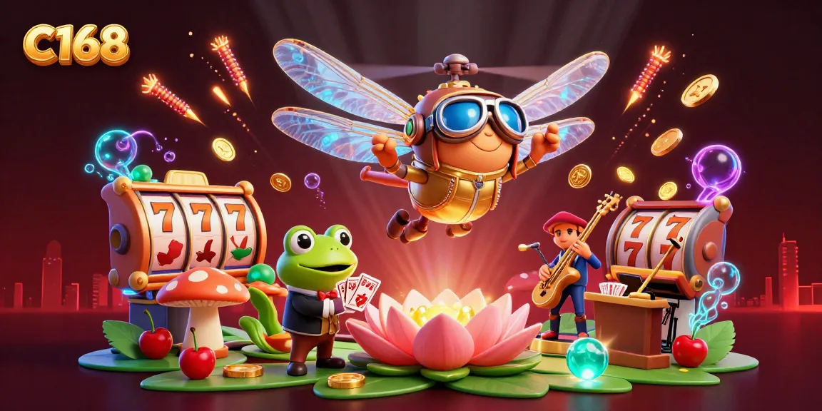 C168 slot excitement with a dragonfly pilot and frog dealer in a vibrant casino scene.