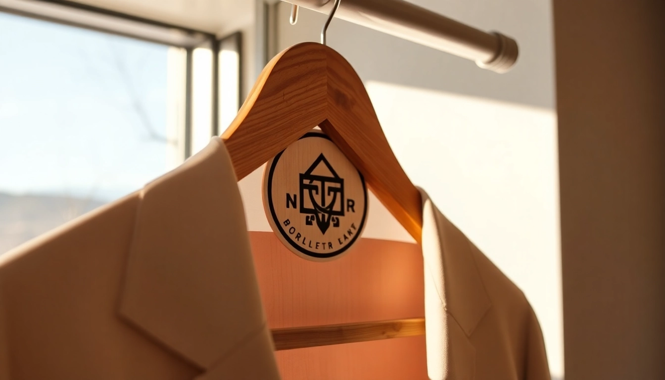 Kleiderbügel mit eigenem Logo, hochwertiges Holzdesign, ideal für Markenpräsentation und Kundenbindung.