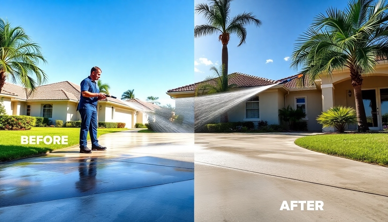 Driveway pressure wash showing a technician cleaning a stained concrete driveway in Kissimmee, FL.