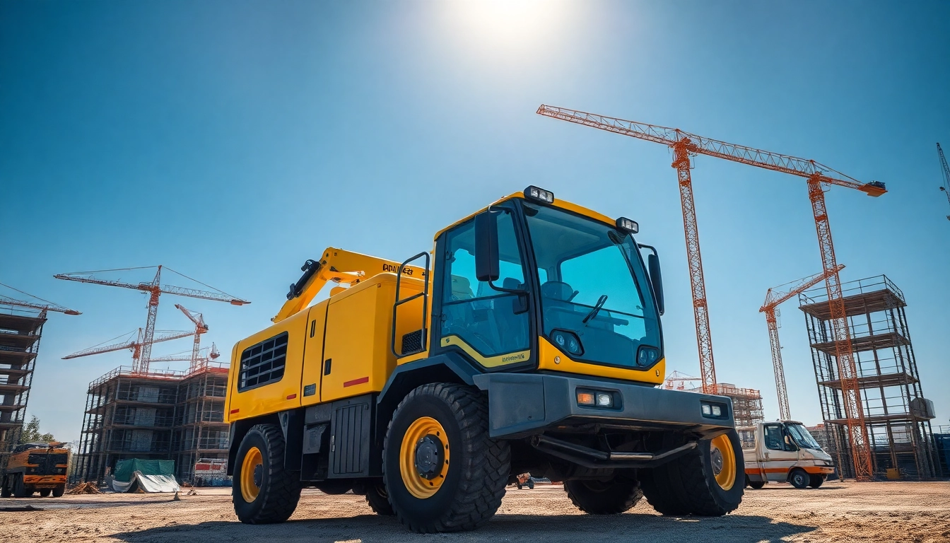 Baggervermietung Hannover: Moderner Bagger auf einer Baustelle, umgeben von grüner Landschaft und klar blauem Himmel.