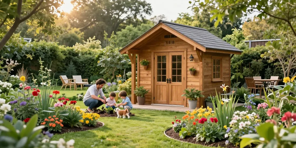 Ein Gartenhaus aus Holz in einem blühenden Garten mit einer Familie beim Spielen und Gärtnern.