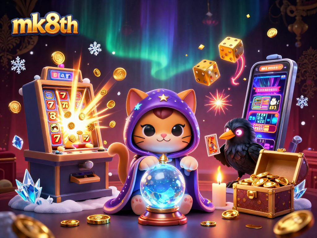 Experience thrilling gambling with mk8th's vibrant casino scene featuring fortune teller cat, raven, and explosive jackpot.