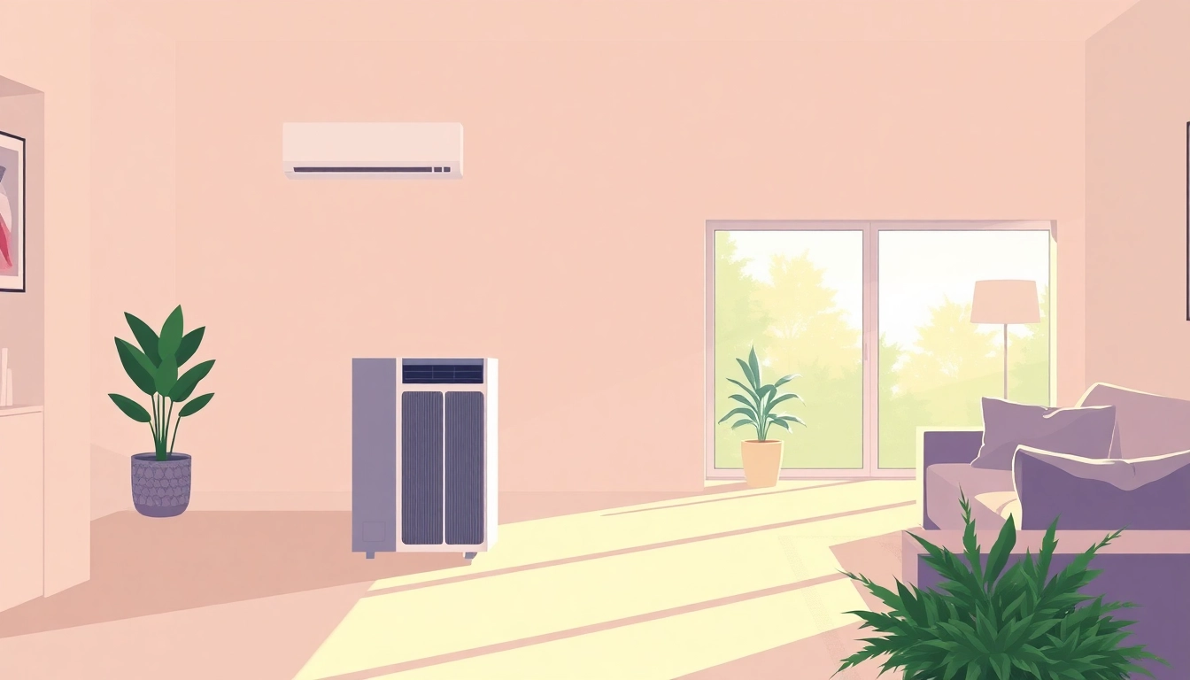 Klimaanlagen unit elegantly cooling a stylish living room with warm lighting and minimalistic decor.