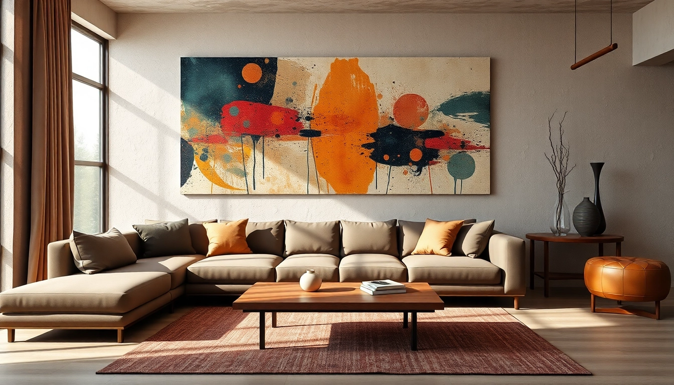 Moderne wandbilder im Fokus eines stilvollen Wohnzimmers mit abstrakt gestaltetem Kunstwerk.