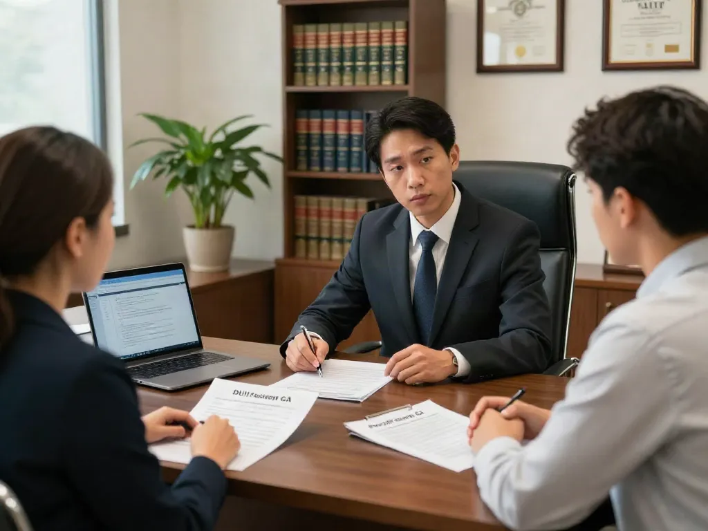 DUI review hearing Forsyth County GA consultation between attorney and client in modern law office.