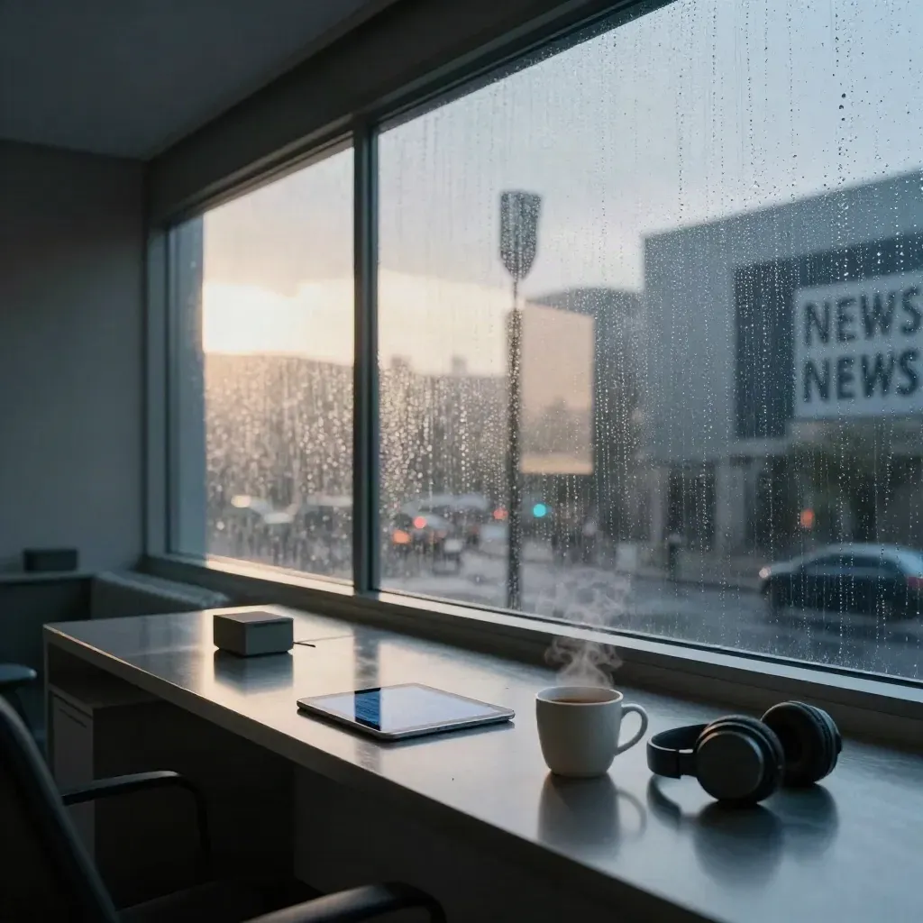 Leerer Newsroom im Morgenregen mit Monitorwand, Tablet und Kaffee.